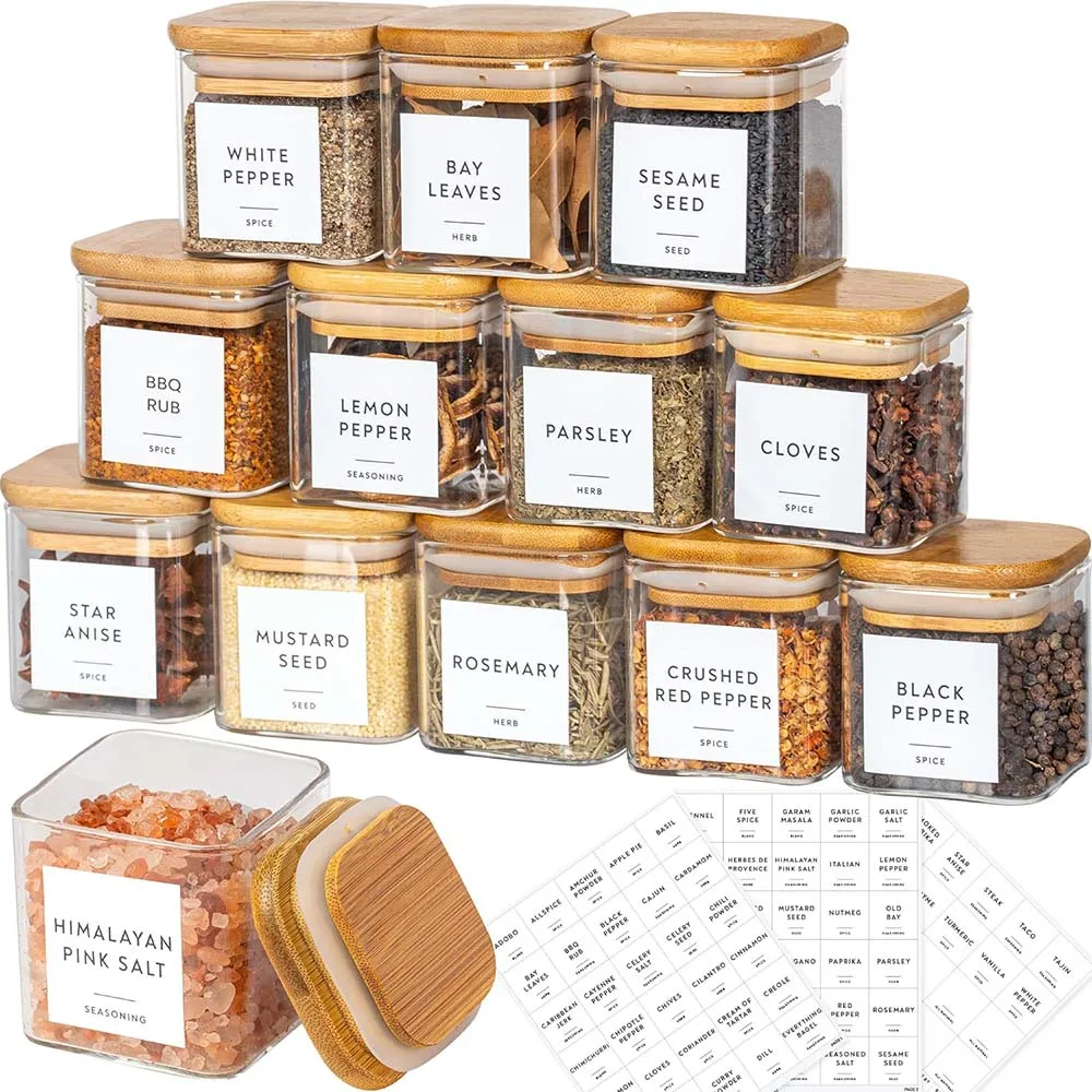 Meal Prep Glass Containers With Lids - 5 Unzen quadratische Gewürzgläser mit Bambusdeckeln/Aufkleberetiketten,