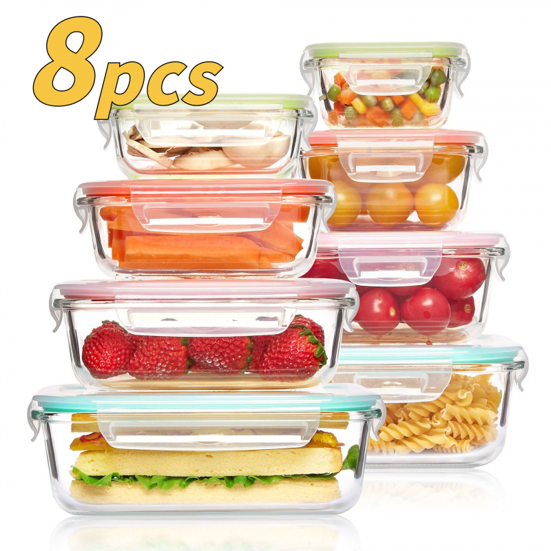 Meal Prep Glass Containers Oven Safe - 8-teiliges Set Versiegelte Glas-Lebensmittelaufbewahrungsboxen Auslaufsicher mit