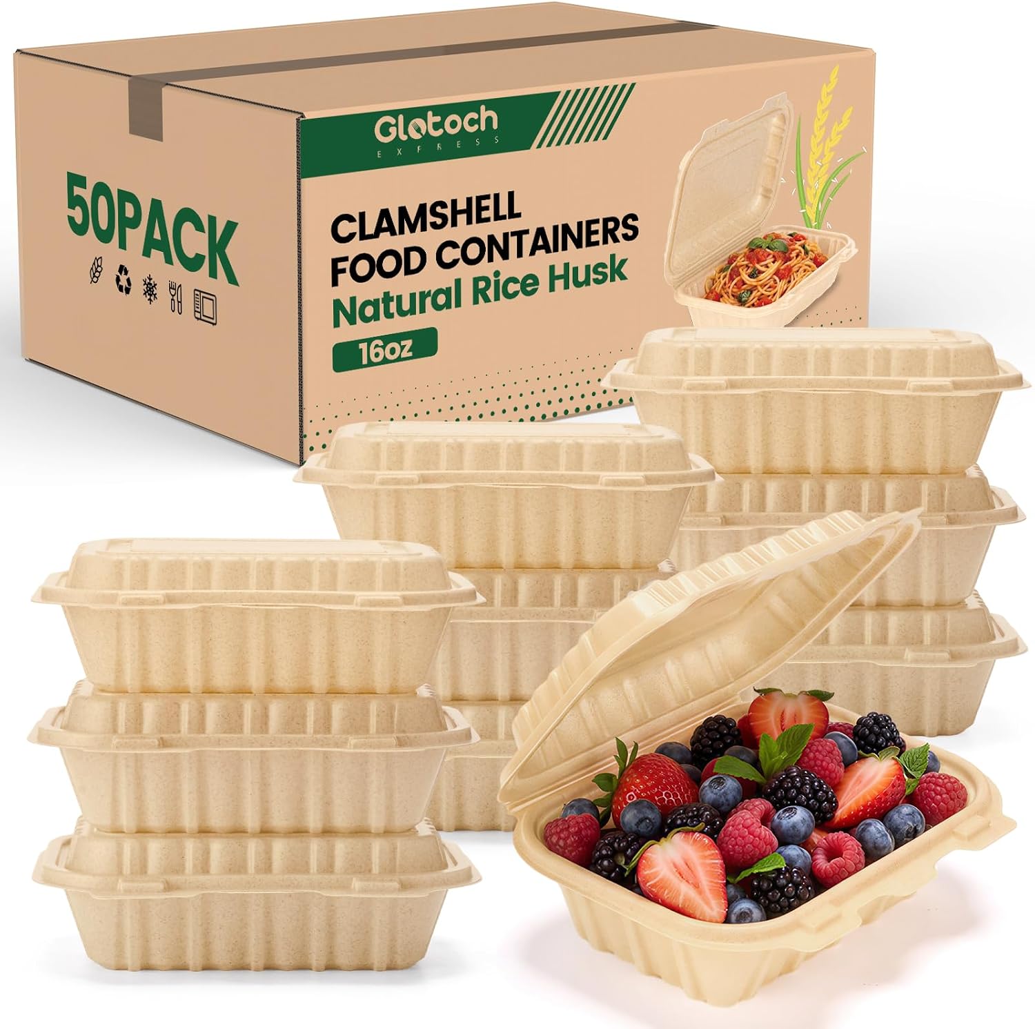 Meal Prep Pasta - 50er-Pack 16oz Clamshell Take-Away-Behälter, Natürliche Reishülsen-Einwegboxen