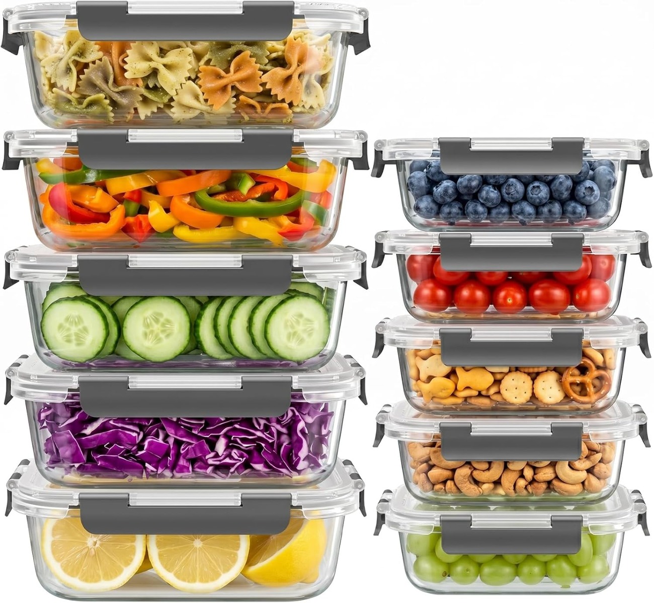 Meal Prep Oven Safe Containers - 10er-Set Glas-Lebensmittelbehälter mit Deckeln, luftdicht, auslaufsicher,